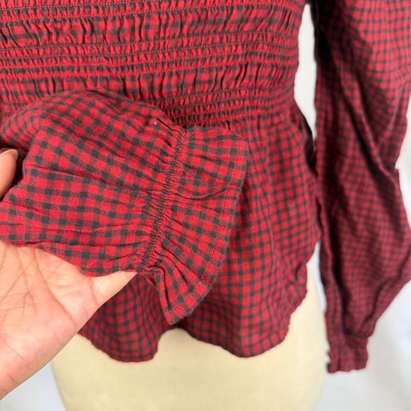 New American Eagle Long-Sleeve Smocked Ruffle Plaid Top Red Gingham Women Small - Picture 5 of 10